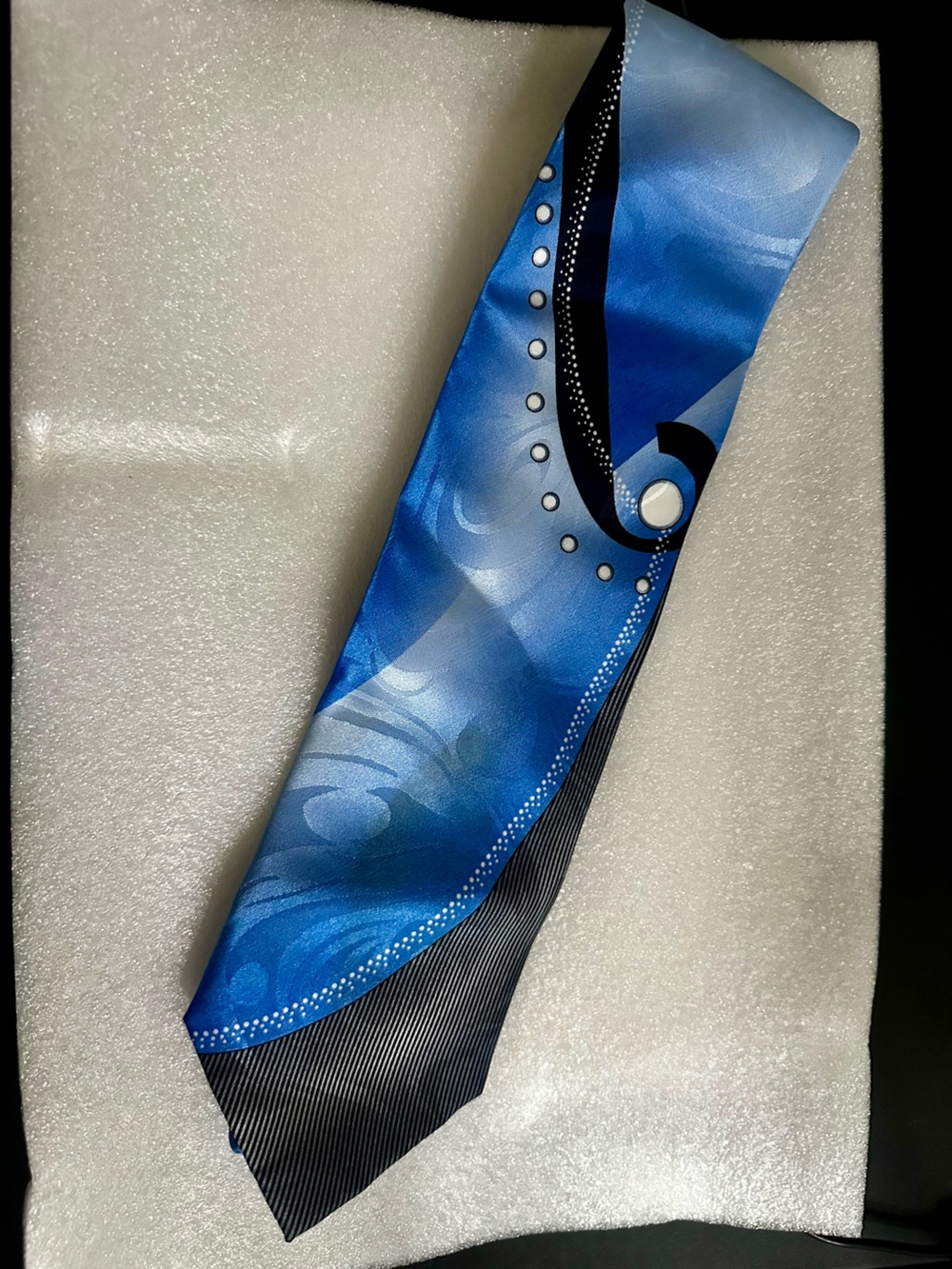 UMO Lorenzo Blue Satin Patterned Scarf with Black Accents